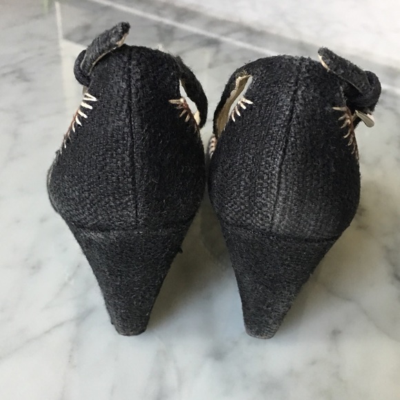 Vintage PRADA Black Tweed and Crochet Flower Appliqué Ankle Strap Wedge Sandals - Picture 6 of 6